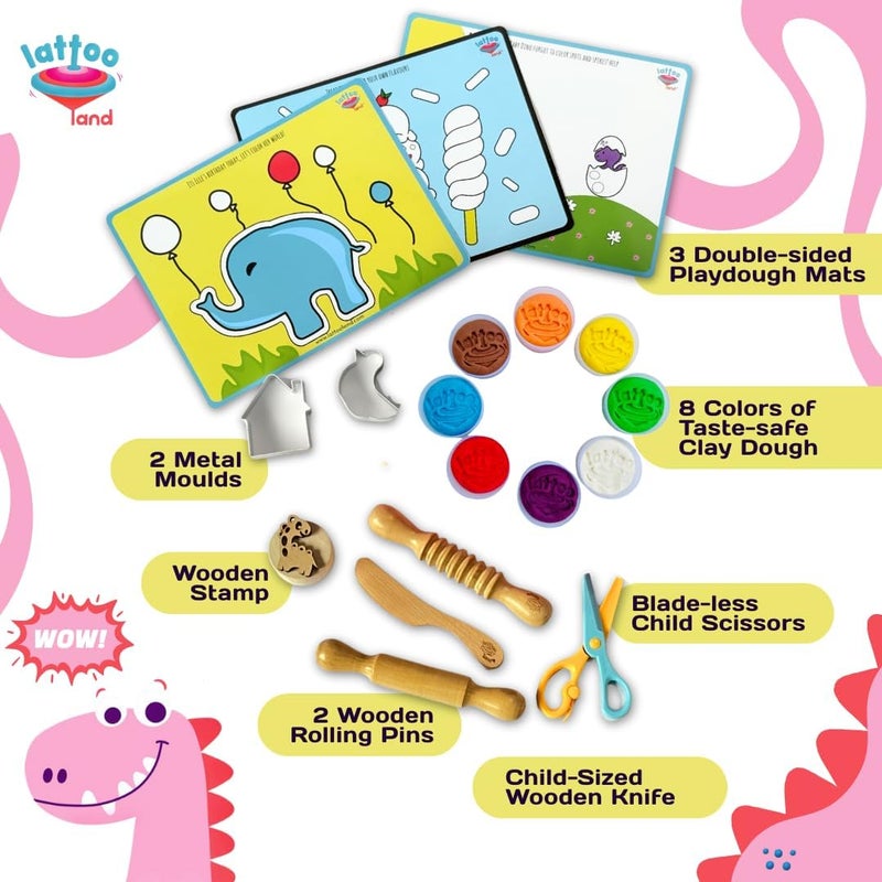 Lattooland Clay Dough Power Kit | Natural | Taste-safe, non-toxic, multi-sensory, soft dough activity play set for kids 18 months+ | 8 colors 7 Tools 3 Mats | Birthday Gift for 2 3 4 5 year boys girls - Image 2