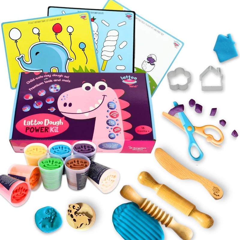 Lattooland Clay Dough Power Kit | Natural | Taste-safe, non-toxic, multi-sensory, soft dough activity play set for kids 18 months+ | 8 colors 7 Tools 3 Mats | Birthday Gift for 2 3 4 5 year boys girls - Image 1