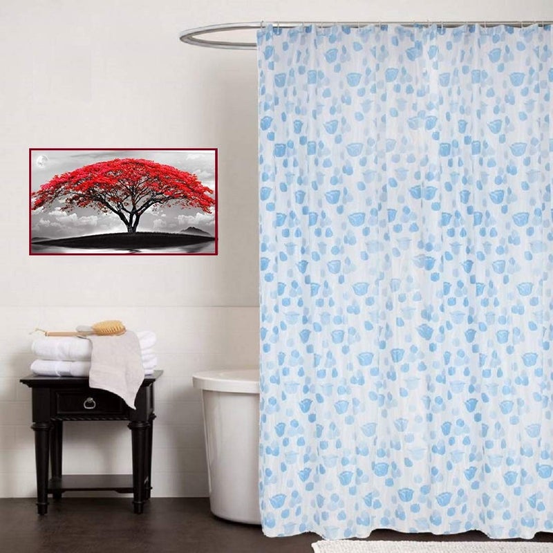 SHAVIN PVC Flower Printed Bathroom Shower Curtain Pack of 1 with Hooks - 9 FT, Blue Rose - Image 1