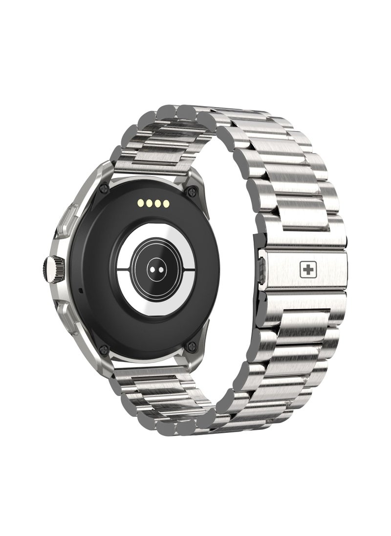 SWISS MILITARY - Swiss Military Dom Smartwatch:Call Features,Sports TrackingHeart Rate/Blood Pressure/Oxygen Level Monitoring, Magnetic Charging Base, 5-7 Days Battery Life Compatibility: iOS/Android - Silver - Image 1