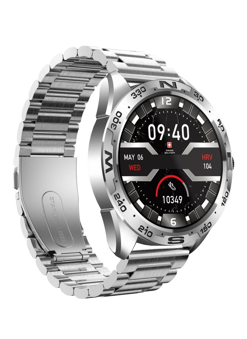 SWISS MILITARY - Swiss Military Dom Smartwatch:Call Features,Sports TrackingHeart Rate/Blood Pressure/Oxygen Level Monitoring, Magnetic Charging Base, 5-7 Days Battery Life Compatibility: iOS/Android - Silver - Image 1