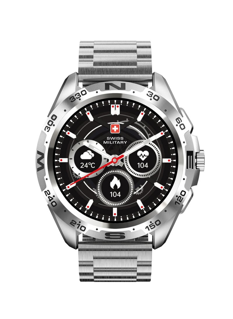 SWISS MILITARY - Swiss Military Dom Smartwatch:Call Features,Sports TrackingHeart Rate/Blood Pressure/Oxygen Level Monitoring, Magnetic Charging Base, 5-7 Days Battery Life Compatibility: iOS/Android - Silver - Image 1