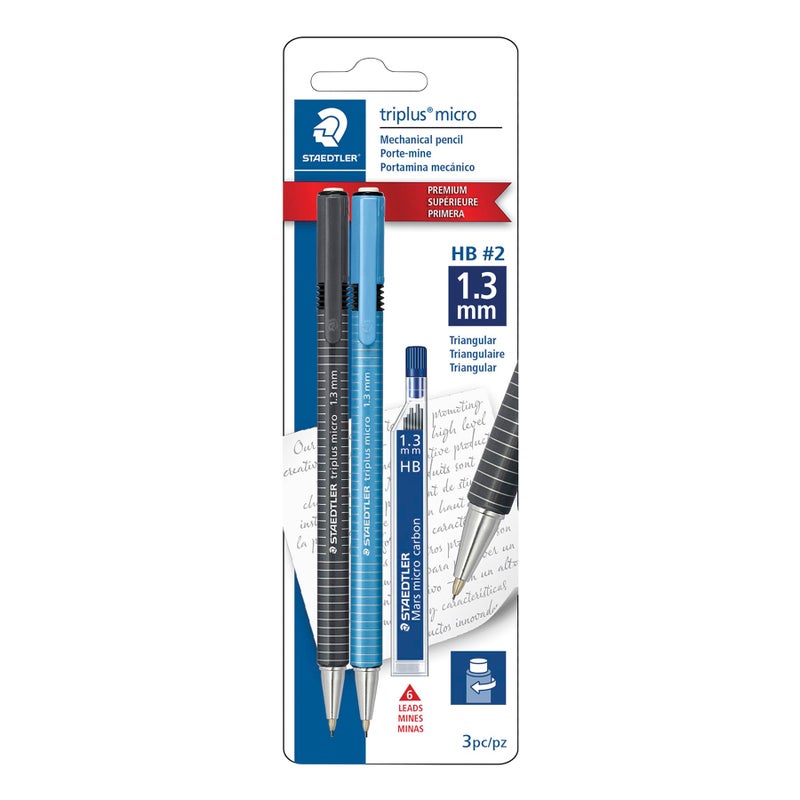 STAEDTLER Triplus Micro Mechanical Pencils, 1.3mm #2 Lead with Twist Eraser, Ergonomic Triangular Grip, Includes 6 Refills, Break-Resistant Lead, 2-Pack