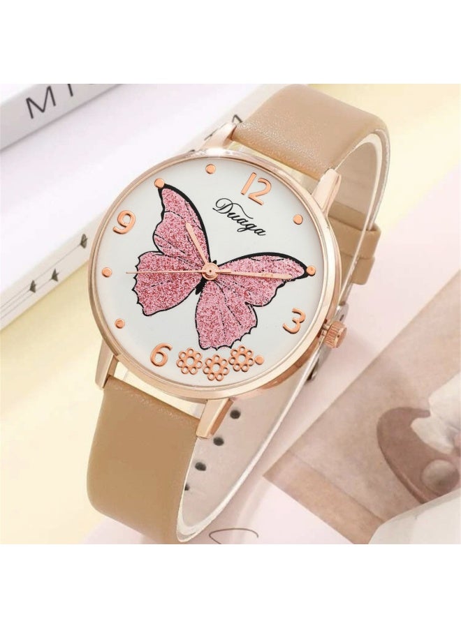 Mitini Women's Beige Butterfly Dial Watch & 4-Piece Pearl Bracelet Set (5Pcs Total)-Leather Style Strap, Round Case - Image 2