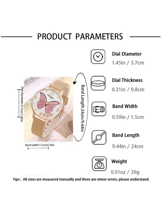 Mitini Women's Beige Butterfly Dial Watch & 4-Piece Pearl Bracelet Set (5Pcs Total)-Leather Style Strap, Round Case - Image 4
