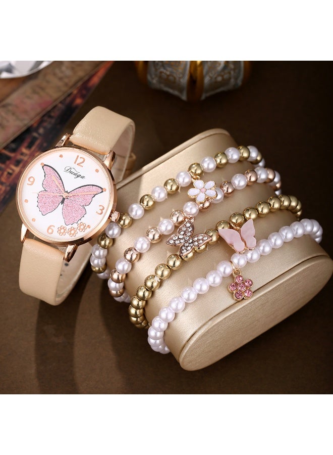 Mitini Women's Beige Butterfly Dial Watch & 4-Piece Pearl Bracelet Set (5Pcs Total)-Leather Style Strap, Round Case - Image 5