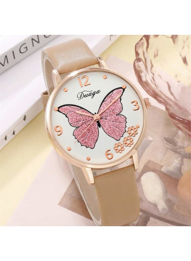 Mitini Women's Beige Butterfly Dial Watch & 4-Piece Pearl Bracelet Set (5Pcs Total)-Leather Style Strap, Round Case - Image 3