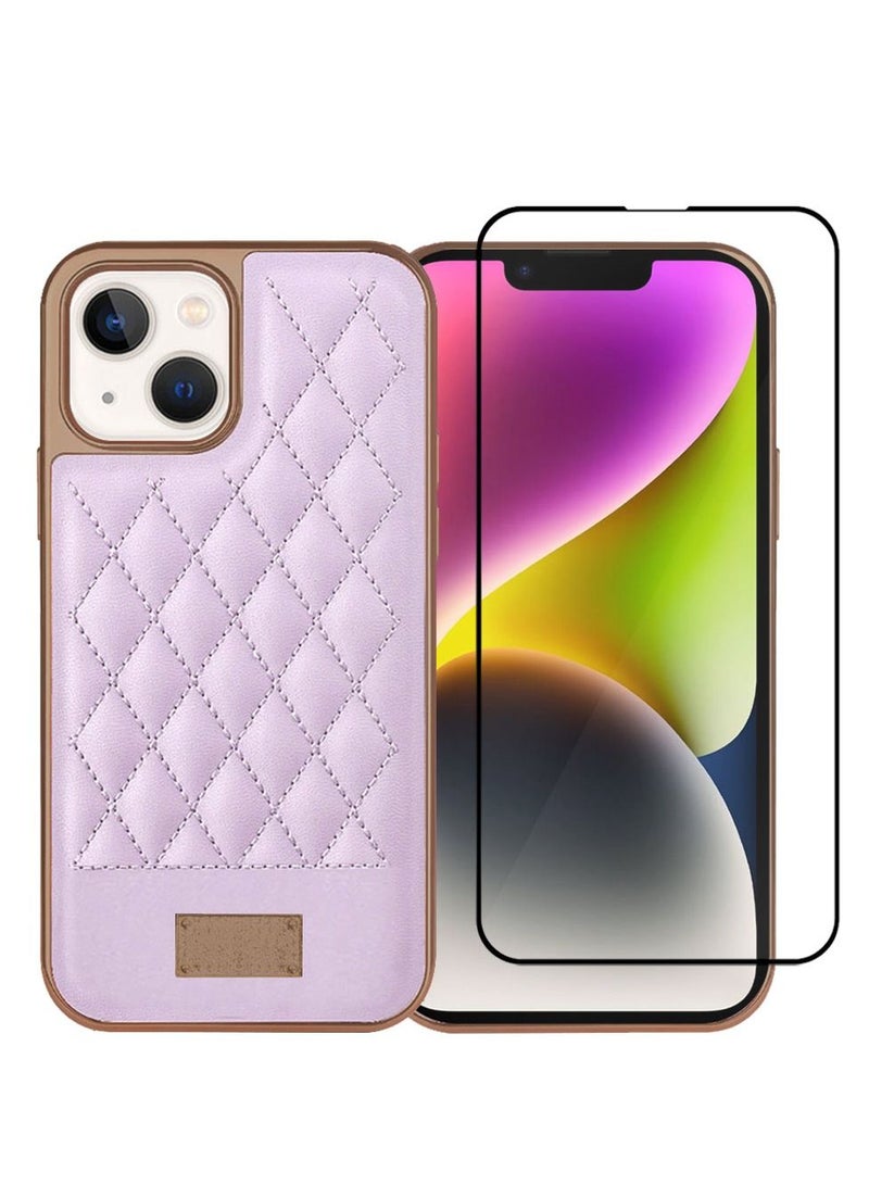 ONEGIF iPhone 14 Luxury PU Leather Case and Screen Protector 3D Embroidery Series Heavy Duty Shockproof with Electroplating Frame Leather Girl Mobile Phone Case Purple - Image 2