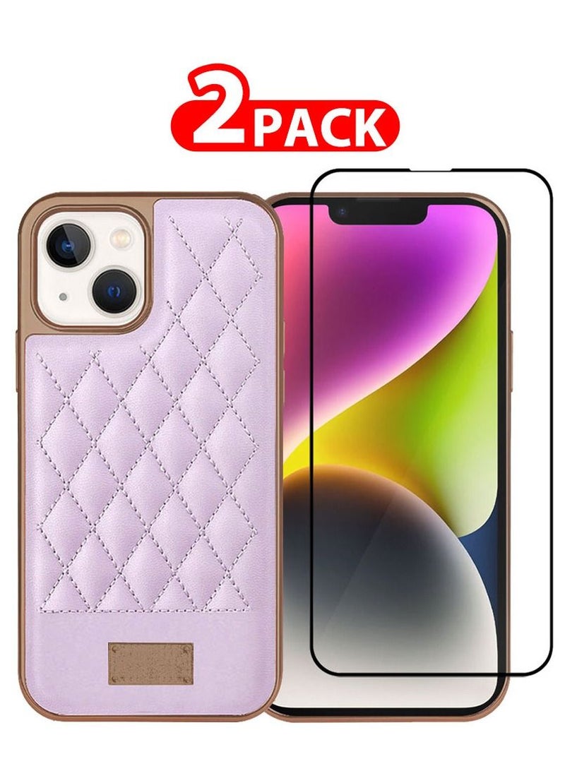 ONEGIF iPhone 14 Luxury PU Leather Case and Screen Protector 3D Embroidery Series Heavy Duty Shockproof with Electroplating Frame Leather Girl Mobile Phone Case Purple - Image 1