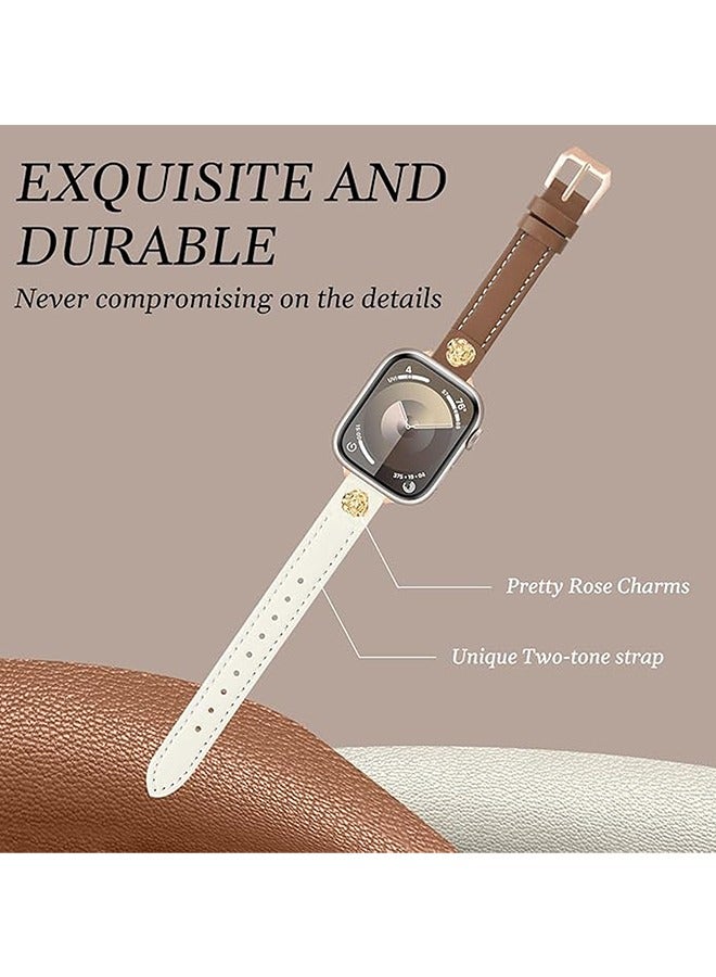 OLYSON Leather Band With Rose Charm Compatible with Apple Watch Bands for Women 38/40/41/42mm, New Fashion Top Genuine Leather Thin Slim Leather Strap for iWatch Series 10/9/8/7/6/5/4/3/2/1/SE/Ultra, Brown and White  - Image 4