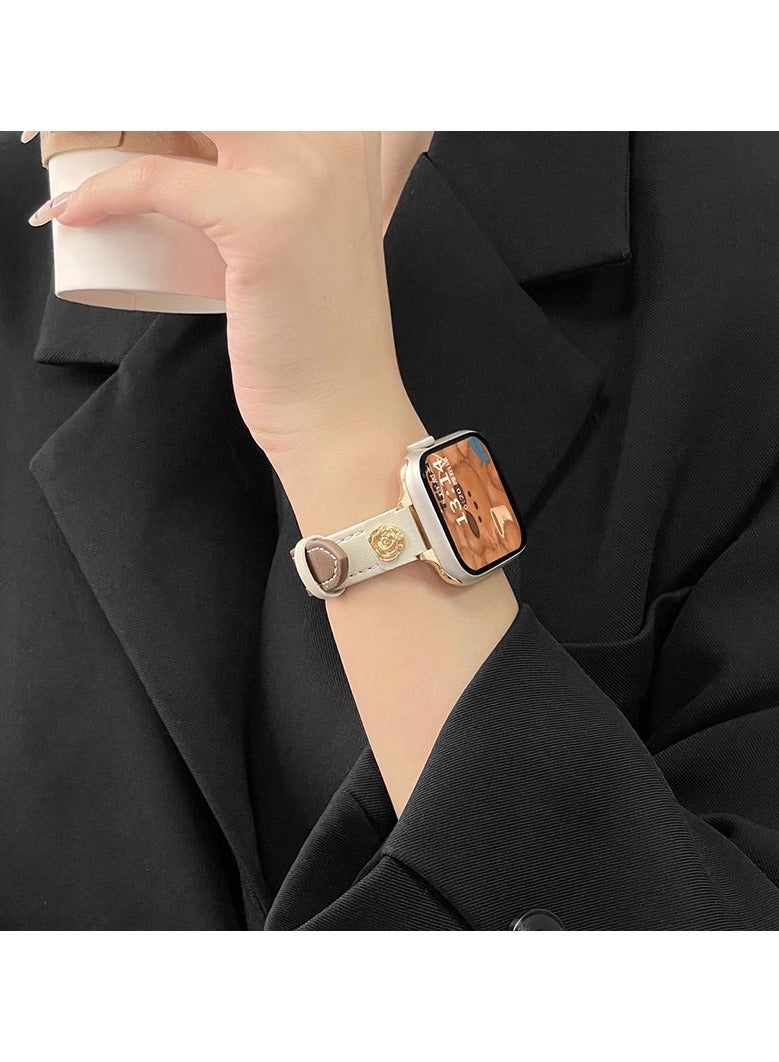 OLYSON Leather Band With Rose Charm Compatible with Apple Watch Bands for Women 38/40/41/42mm, New Fashion Top Genuine Leather Thin Slim Leather Strap for iWatch Series 10/9/8/7/6/5/4/3/2/1/SE/Ultra, Brown and White  - Image 5