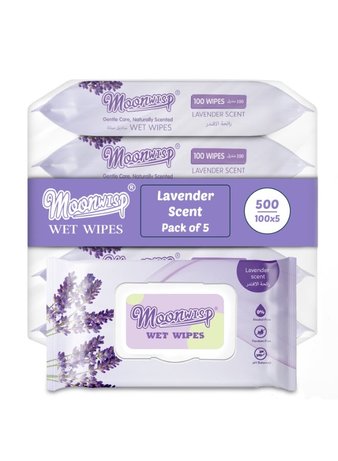 مون وايسب مناديل مبللة للتنظيف وتعقيم اليدين، برائحة اللافندر، مرطبة، سهلة الحمل، مضادة للحساسية، مناديل متعددة الاستخدامات، مثالية للكبار والأطفال (بنفسجي، عبوة 5) - Image 1