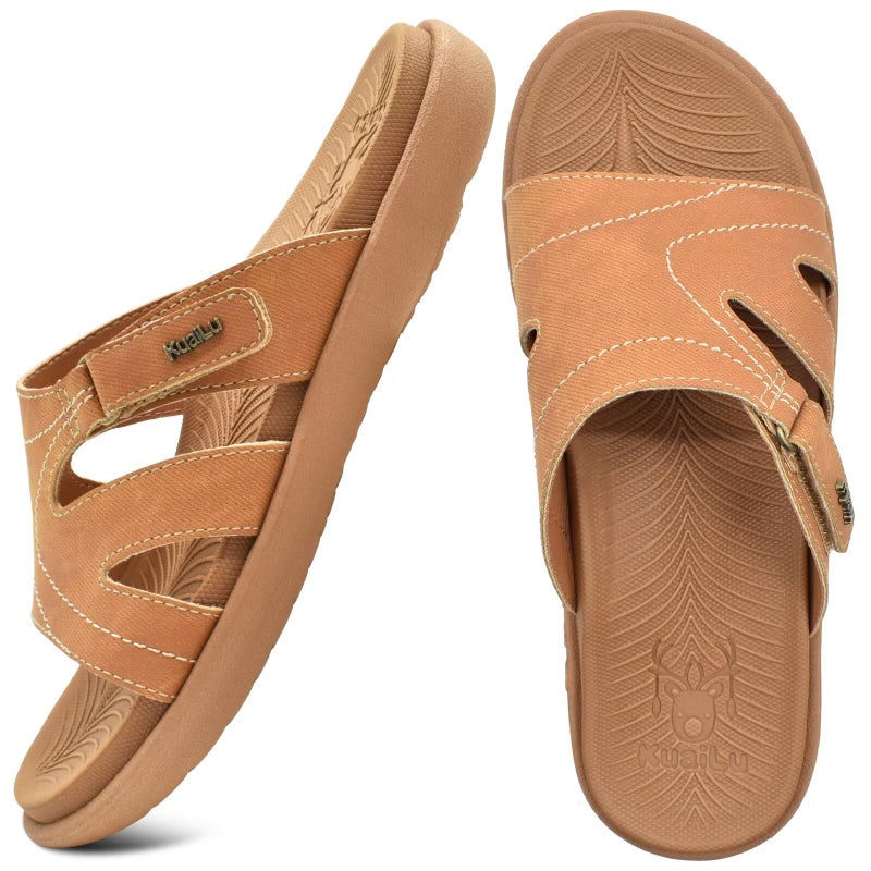 KuaiLu Womens Fashion Orthotic Slides Ladies Athletic Yoga Mat Memory Foam Walking Recovery Sandals Slip On Open Toe Thick Cushion Slippers Comfortable Plantar Fasciitis Arch Support Khaki Size 8 - Image 3