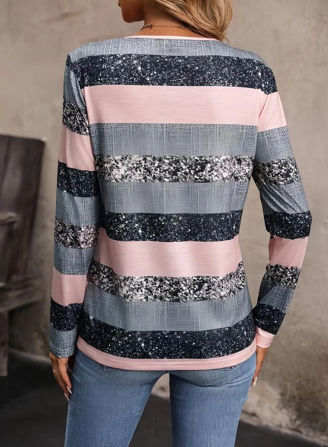 تايك تو Multi Striped V Neck Long Sleeve T-Shirt