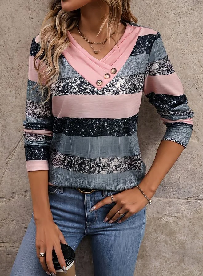 تايك تو Multi Striped V Neck Long Sleeve T-Shirt