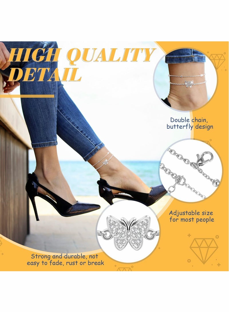 Women Anklets, Barakah 2 Pcs Butterfly Layered Anklets Bracelet for Women Butterfly Chain Adjustable Double Layer Beach Foot Jewelry