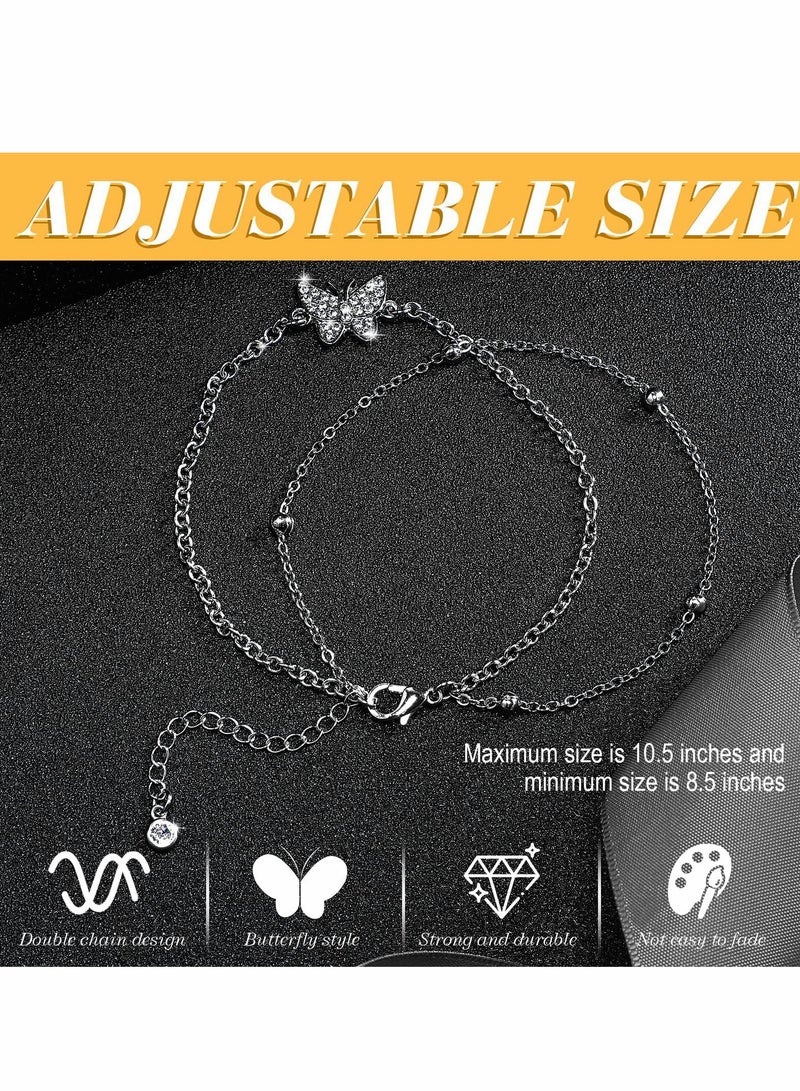 Women Anklets, Barakah 2 Pcs Butterfly Layered Anklets Bracelet for Women Butterfly Chain Adjustable Double Layer Beach Foot Jewelry