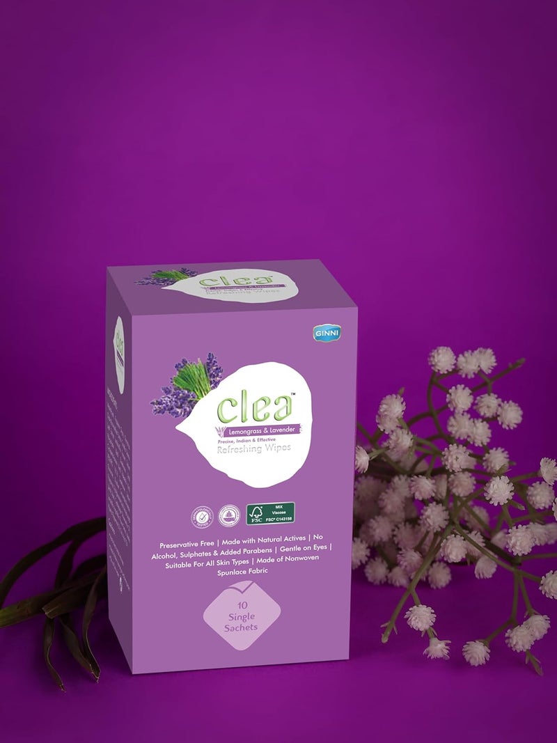 CLEA مناديل مبللة منعشة للوجه من كليا بالليمون واللافندر  Detoxifies تقلل العيوب تهدئ البشرة مضادة للالتهابات عبوة من 10 8 مناديل في كل عبوة حجم المناديل 150 مم × 140 مم - Image 2