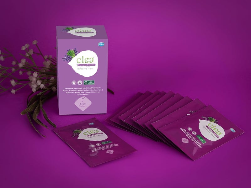 CLEA مناديل مبللة منعشة للوجه من كليا بالليمون واللافندر  Detoxifies تقلل العيوب تهدئ البشرة مضادة للالتهابات عبوة من 10 8 مناديل في كل عبوة حجم المناديل 150 مم × 140 مم - Image 3