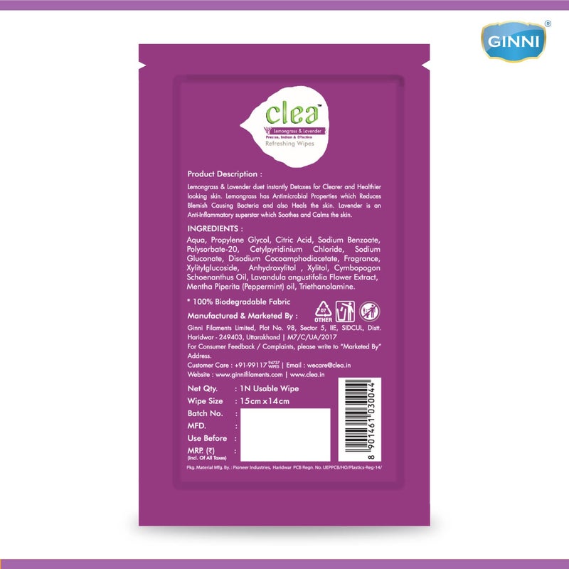 CLEA مناديل مبللة منعشة للوجه من كليا بالليمون واللافندر  Detoxifies تقلل العيوب تهدئ البشرة مضادة للالتهابات عبوة من 10 8 مناديل في كل عبوة حجم المناديل 150 مم × 140 مم - Image 5