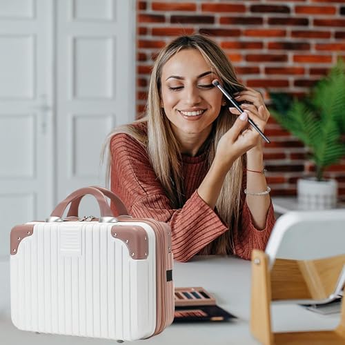 SUNBEET Makeup Case Suitcase, Mini Bag, Mini Hard Shell Travel Luggage, Women Portable Water Proof Carrying Suitcase, Organizer Bag, Small Hard Shell Cosmetic Lugge Bag, Water Proof (B-White&Roset) - Image 4