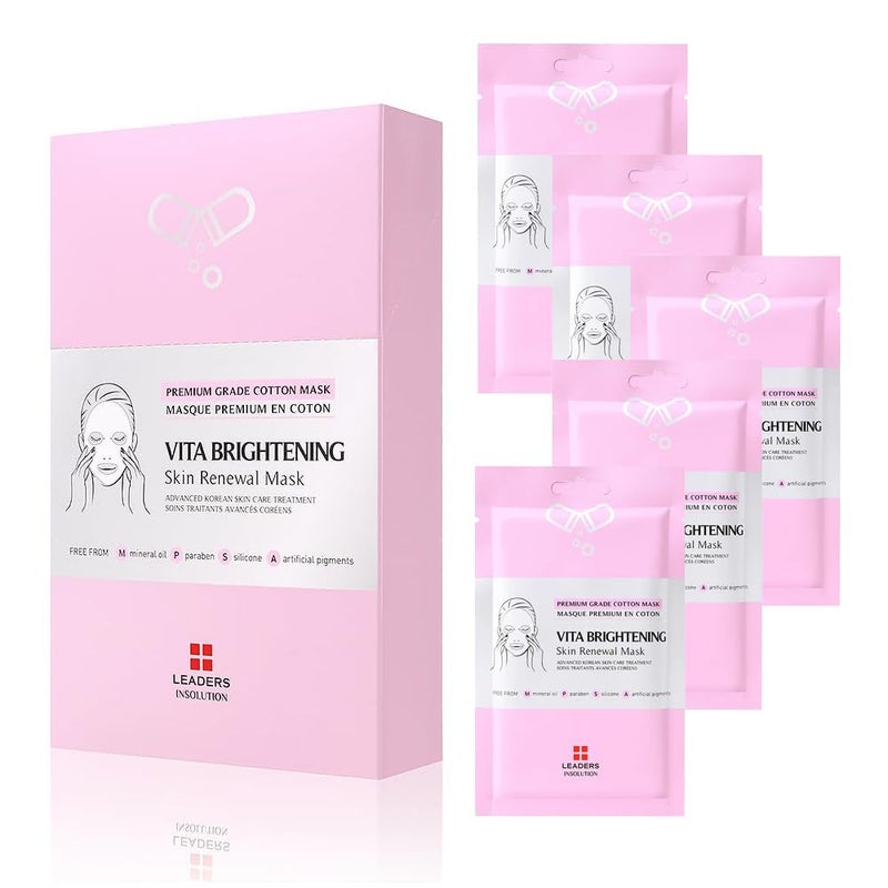 Leaders Insolution VITA Brightening Skin Renewal Mask Vitamin C Niacinamide for Dark Spot Reduction and Luminous Glow 100 Natural Cotton Sheet for Dull Skin 5 Sheets
