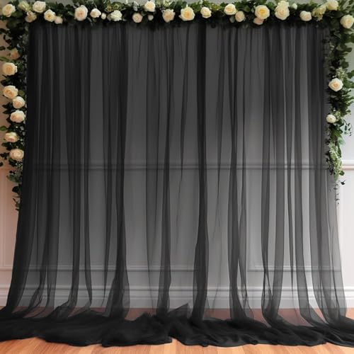 Filloxy 2pcs Backdrop Decoration Net Tulle Large Size, Nylon Made, Reusable, Soft, Wrinkled Free, 8 x 5 ft Each, Cabana Tent Party Decoration Items for Birthday, Anniversary (Black) - Image 1