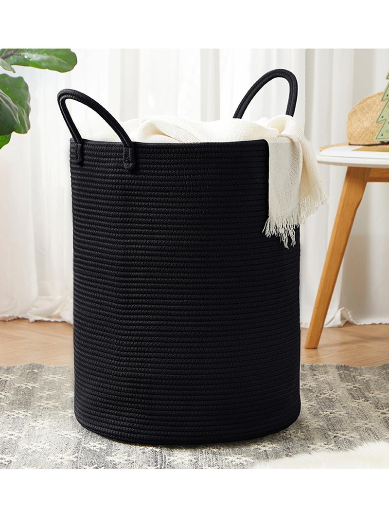 MIXDE 58L Black Woven Laundry Hamper Basket 15Dx20H inches Tall Cotton Rope Storage Basket for Blanket Large Clothes Hamper for Bedroom Baby Nursery Kids Laundry Basket Organizer - Image 1