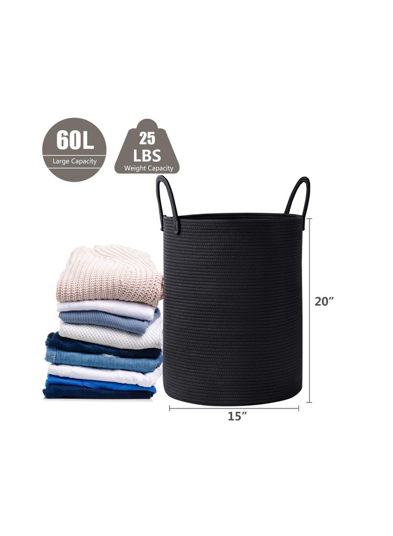 MIXDE 58L Black Woven Laundry Hamper Basket 15Dx20H inches Tall Cotton Rope Storage Basket for Blanket Large Clothes Hamper for Bedroom Baby Nursery Kids Laundry Basket Organizer - Image 5