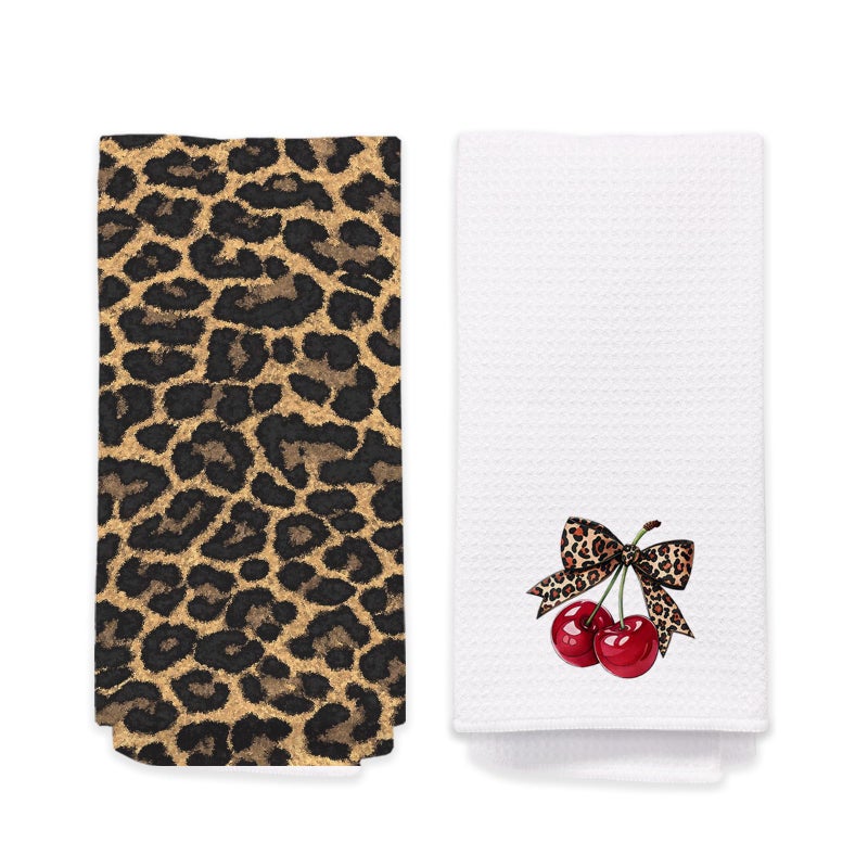 BitKan Leopard Bathroom Hand Towels Set of 2 - Cheetah Bow with Cherry Guest Hand Towels, Leopard Print Dish Tea Towels for Kitchen Decor, Cherry Themed Gifts for His Hers, Housewarming Gift Idea - Image 1