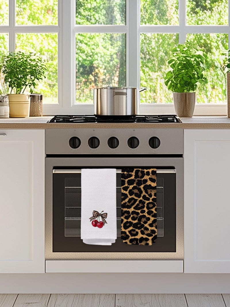 BitKan Leopard Bathroom Hand Towels Set of 2 - Cheetah Bow with Cherry Guest Hand Towels, Leopard Print Dish Tea Towels for Kitchen Decor, Cherry Themed Gifts for His Hers, Housewarming Gift Idea - Image 3
