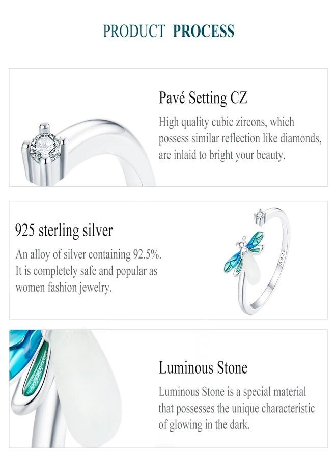 Qings Luminous Firefly Ring for Women, 925 Sterling Silver Glow in the Dark Fireworm Adjustable Ring Cute Animal Open Ring Jewelry Gifts for Ladies - Image 5