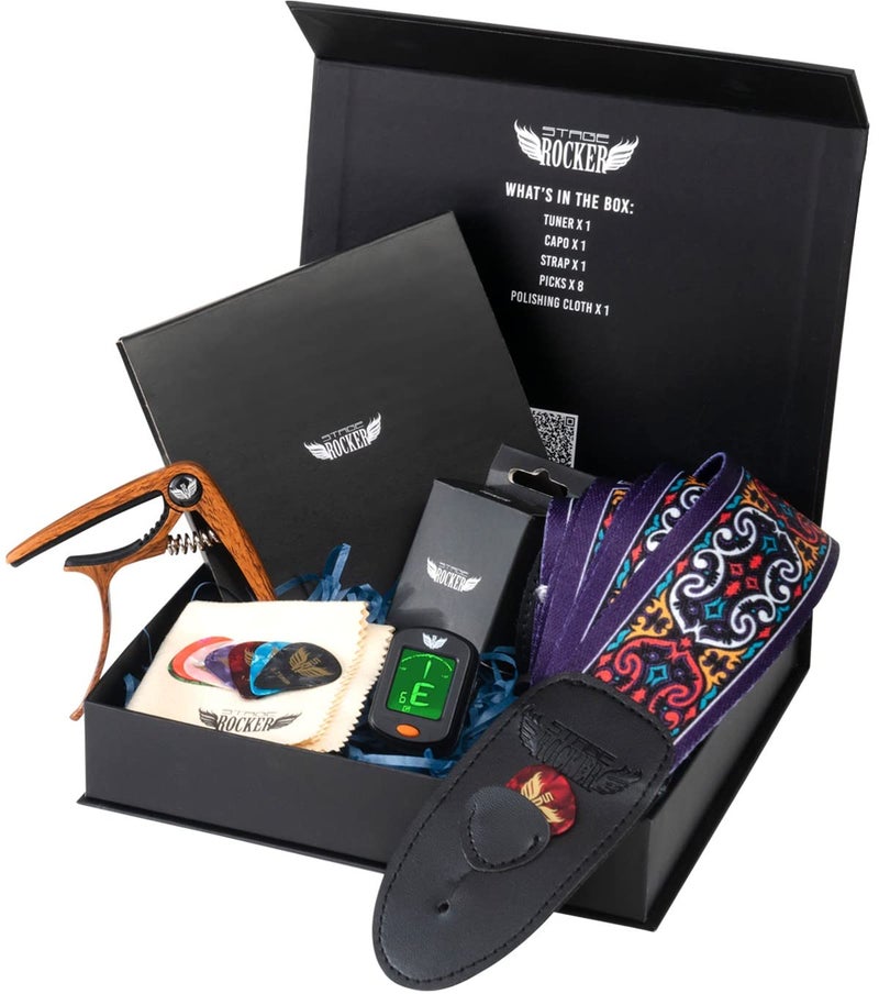 Stage Rocker Guitar Accessories Gift Box for Acoustic and Electric Guitars, Premium Designed Purple Guitar Strap, Picks, Capo, Tuner, Cleaning Cloth, 5-in-1 Essential Gift - Image 1