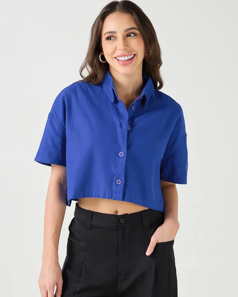 بيواكوف قميص قطن وكتان أزرق واسع قصير نسائي