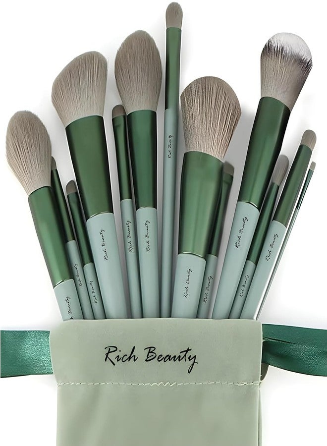 KHUNT ENTERPRISE 13-Piece Makeup Brush Set – Synthetic Bristles, Soft and Durable with Travel Pouch, Ideal for Blending, and Highlighting (GREEN) - Image 1