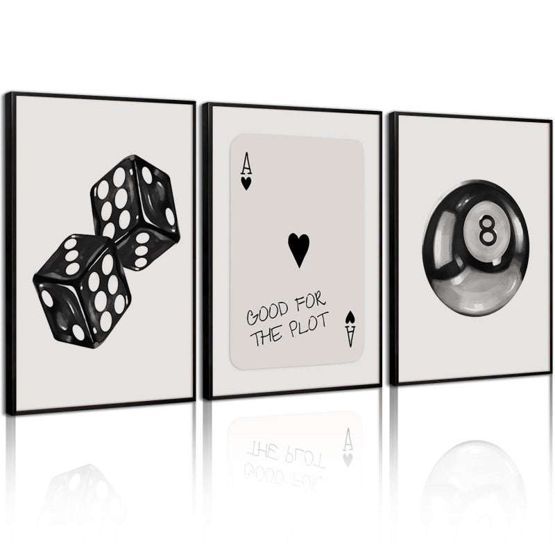 Pennclys Black White Aesthetic Wall Art Decor 8 Ball Canvas Poster Y2k Cool Dice Pictures Black White Room Decor Trendy Poker Poster Prints Retro Painting Artwork for Apartment Dorm 12x16 Inch Unframed 3Pcs - Image 1