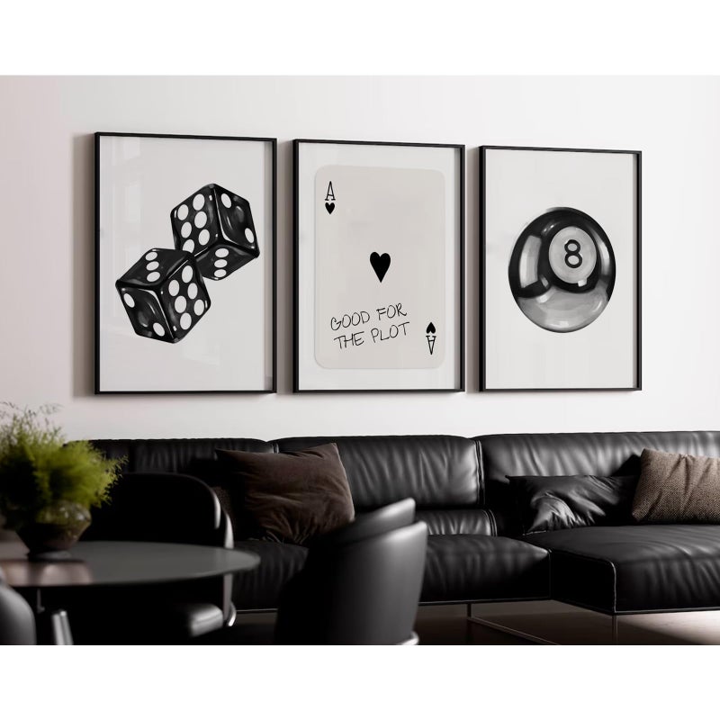 Pennclys Black White Aesthetic Wall Art Decor 8 Ball Canvas Poster Y2k Cool Dice Pictures Black White Room Decor Trendy Poker Poster Prints Retro Painting Artwork for Apartment Dorm 12x16 Inch Unframed 3Pcs - Image 3