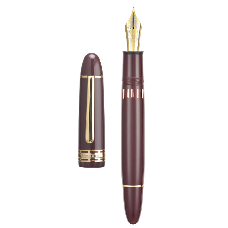 Wikult Yongsheng Junlai 630 Acrylic Fountain Pen, Size 8 Medium Nib with Piston Filling System, Wine Red Transparent Fence Ink Tank with Torpedo Shape Design Smooth Writing Pen (Gold Trim) - Image 1
