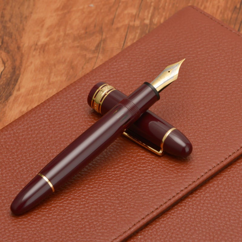 Wikult Yongsheng Junlai 630 Acrylic Fountain Pen, Size 8 Medium Nib with Piston Filling System, Wine Red Transparent Fence Ink Tank with Torpedo Shape Design Smooth Writing Pen (Gold Trim) - Image 4