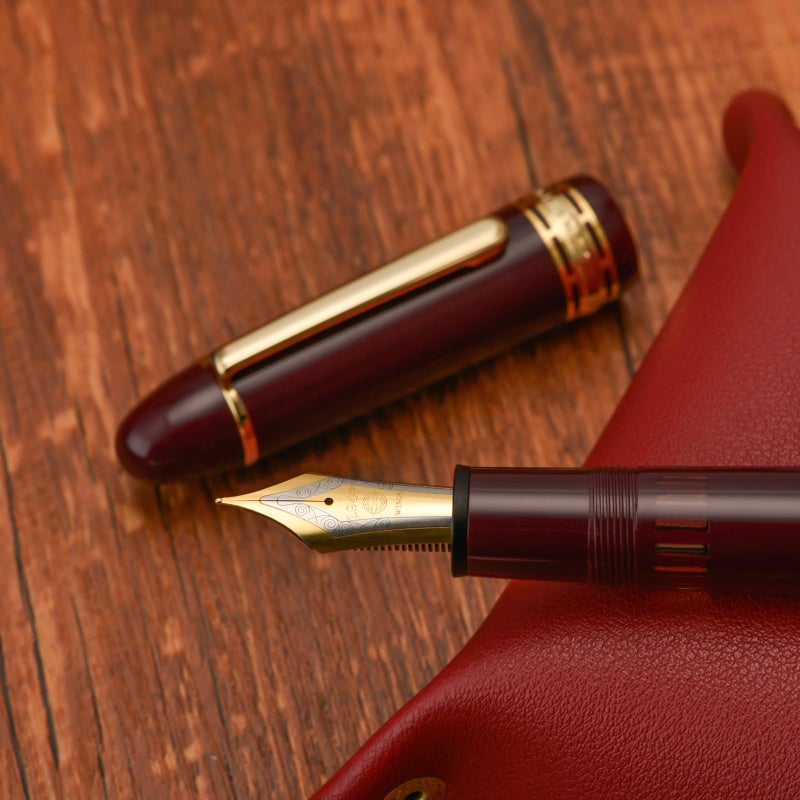 Wikult Yongsheng Junlai 630 Acrylic Fountain Pen, Size 8 Medium Nib with Piston Filling System, Wine Red Transparent Fence Ink Tank with Torpedo Shape Design Smooth Writing Pen (Gold Trim) - Image 3