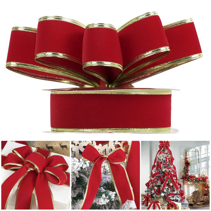 AIMUDI Red Velvet Ribbon for Christmas Tree 15 Inch Red and Gold Wired Christmas Ribbon for Gift Wrapping Wreaths Holiday Crafts Topper Bows Home Decor 25 Yards