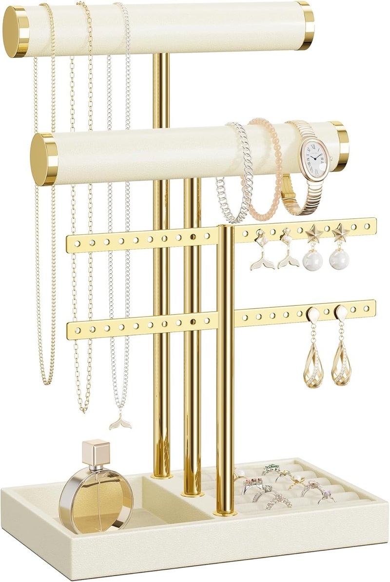 bussdis 3 Tier Bracelet Holder Display - Beige Leather Jewelry Organizer for Bracelets, Necklaces, Earrings, Rings, and Watches - Image 1