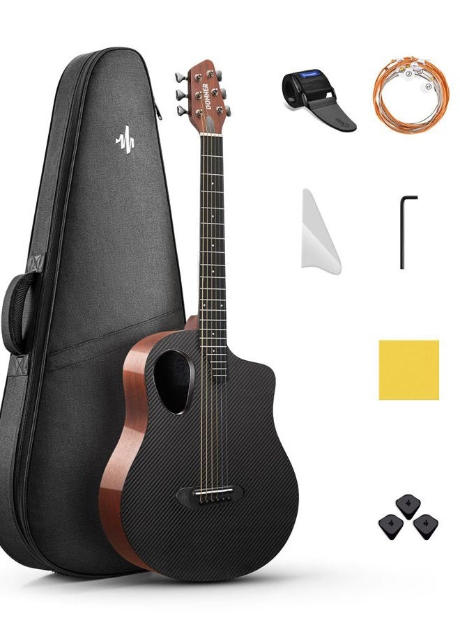 Donner Acoustic Guitar Kits for Beginners & Intermediate Learners - 38" Travel Guitar with Carbon Fiber Top, Wooden Back & Sides, Case, Strap, Steel-Strings, RISING-G1 (Gloss, Brown) - Image 1