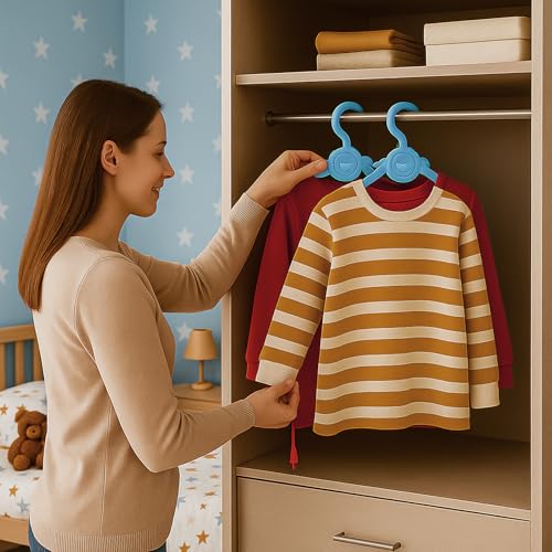 WISHKEY Adjustable Kids Clothes Hangers Pack of 10 – Telescopic Expandable Plastic Hangers with Hooks, Anti-Slip, Space Saving Wardrobe Hangers for Baby, Toddler & Children’s Clothes – Blue & Green - Image 5