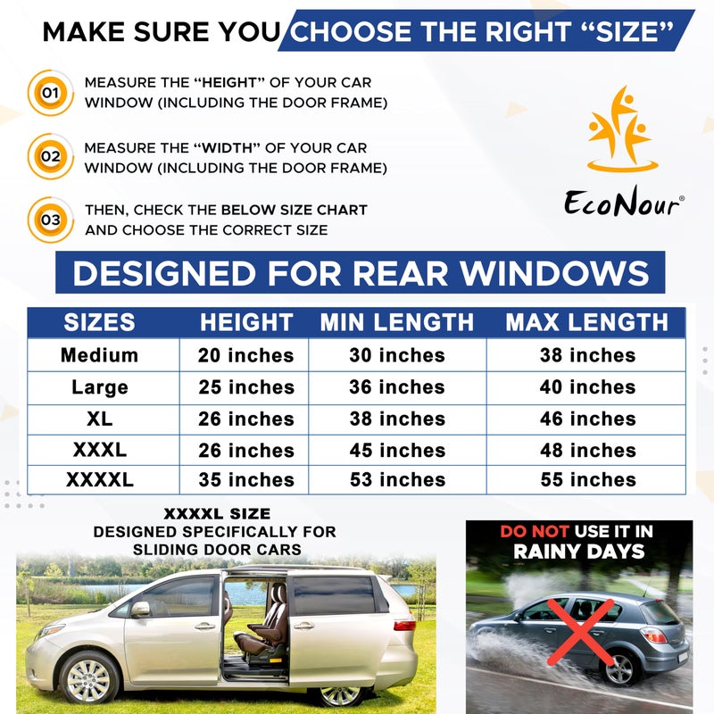 EcoNour Car Side Window Sun Shade (Pack of 2) | Stretchable & Breathable Car Window Screens for Complete Sun & Privacy Protection | Fits Most Truck, SUV and Minivan (XL 46" x 26") - Image 4