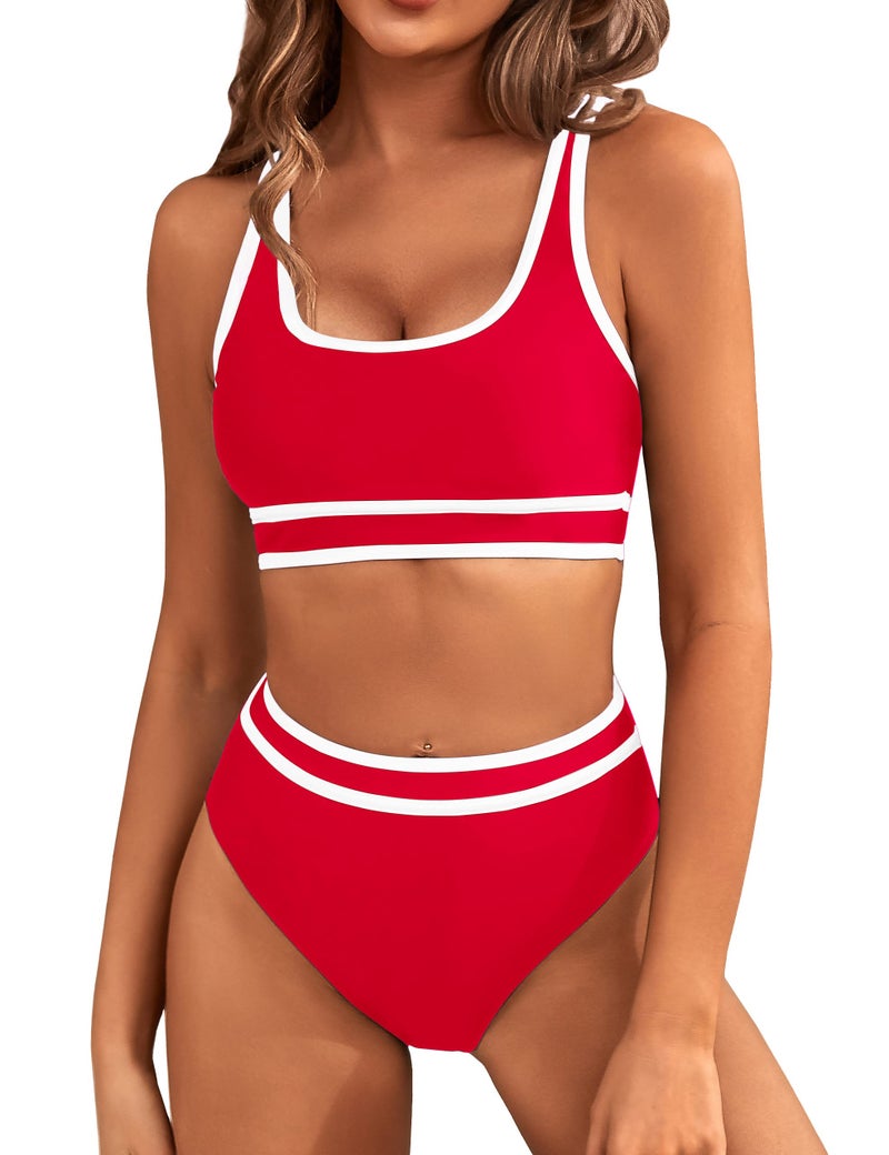 BMJL Women's High Waisted Bikini Sets Sporty Two Piece Swimsuits Color Block Cheeky High Cut Bathing Suits(L,Red) - Image 1