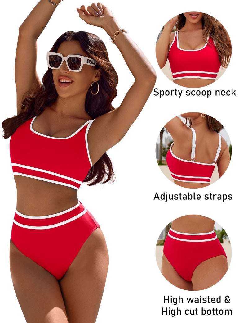 BMJL Women's High Waisted Bikini Sets Sporty Two Piece Swimsuits Color Block Cheeky High Cut Bathing Suits(L,Red) - Image 4