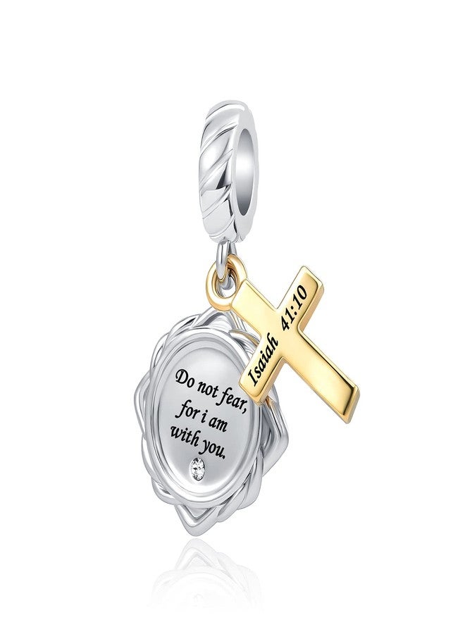 QeenseKc Religious Cross Dangle Charm Bible Verse Quote Isaiah 41:10 Scripture Gold Bead for Pandora Bracelet - Image 1