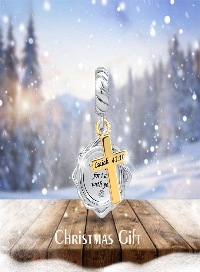 QeenseKc Religious Cross Dangle Charm Bible Verse Quote Isaiah 41:10 Scripture Gold Bead for Pandora Bracelet - Image 2