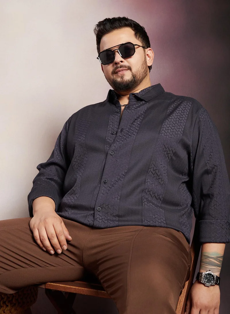 Instafab Plus Men's Navy Blue Tactile-Panel Shirt For Casual Wear | Spread Collar | Long Cuffed Sleeves | Button Closure | Plus Size Shirt Crafted With Comfort Fit For Everyday Wear